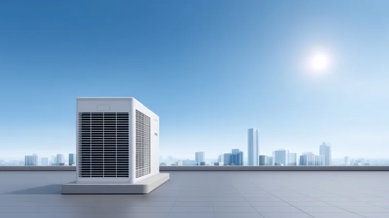 Buitenunit warmtepomp op dak bij stedelijke omgeving